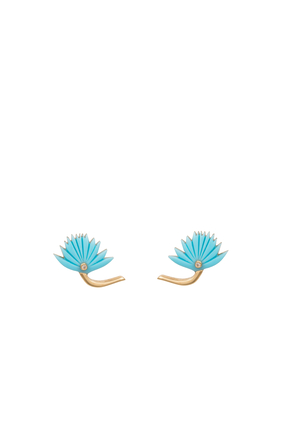 Flower Size 2 Earrings, 18k Yellow Gold with Diamonds & Turquoise